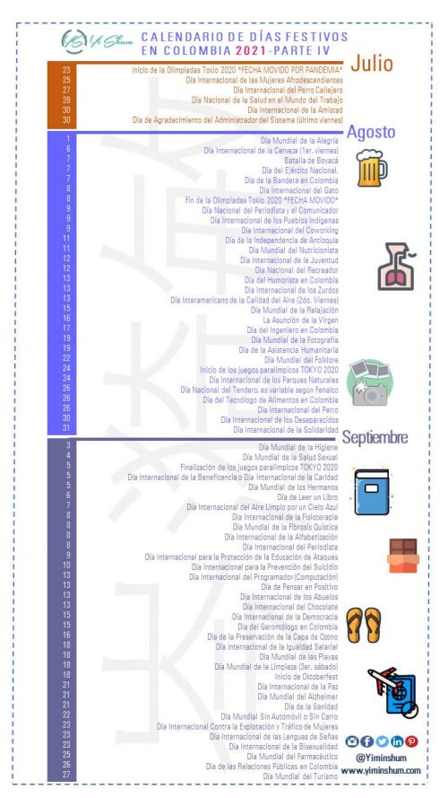 COLOMBIA 2021 Días fechas y efemérides nacionales y mundiales
