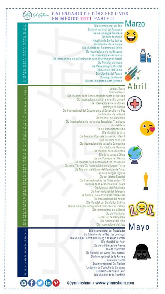 México 2021 Días fechas y efemérides nacionales y mundiales