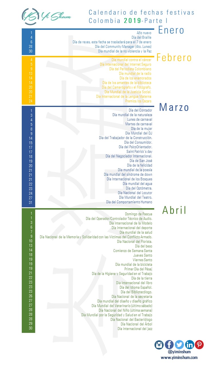 Calendario de fechas festivas de Colombia 2019 - Yi Min Shum Xie