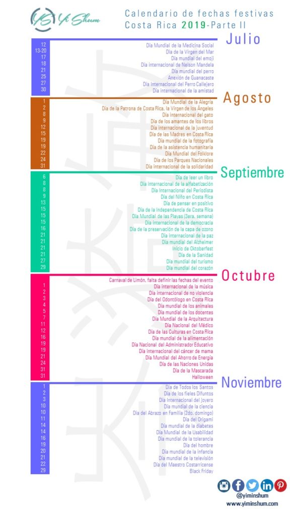 Calendario de fechas festivas de Costa Rica 2019 Yi Min Shum Xie