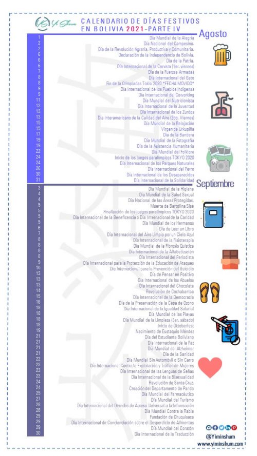 Bolivia 2021: Días, Fechas Y Efemérides Nacionales Y Mundiales